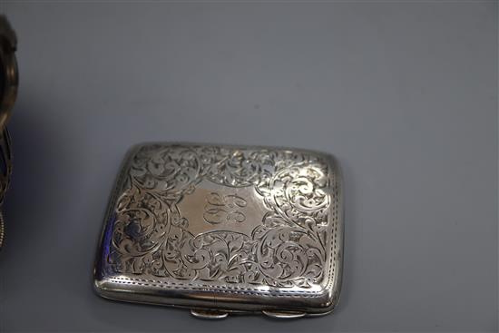 An Edwardian silver sugar basket, with blue glass liner(chip to rim) and an engraved silver cigarette case, 4.5 oz.